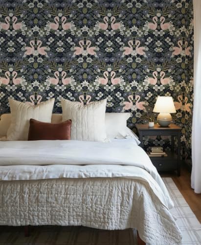 Heroad Vintage Peel and Stick Wallpaper Floral Flamingo Contact Paper Dark Blue - Image 3