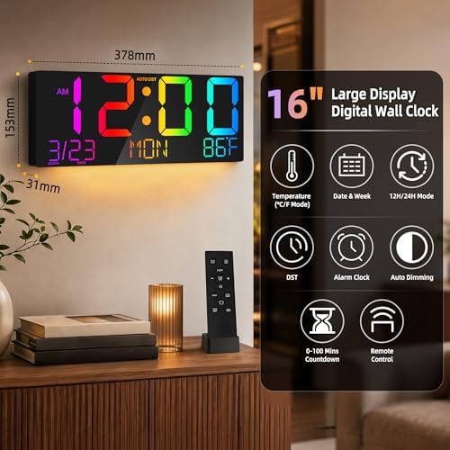 16" Large Digital Wall Clock LED Display, Night Light, Auto DST - Image 2