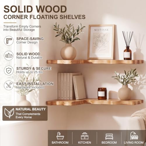 Sliner 2 Pack Corner Floating Shelves, Paulownia Wood, 16 x 12 Inch - Image 3