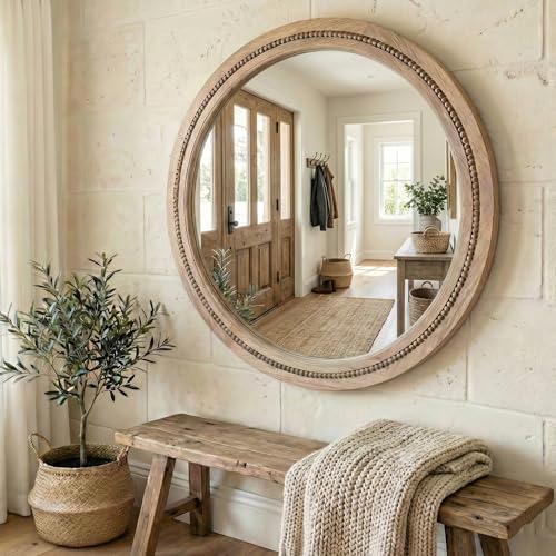 Solid Wood 36 Inch Round Beaded Wall Decor Mirror, Natural Wood - Image 2