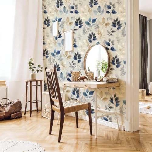 Watercolor Neutral Blue Gold Leaf Peel and Stick Wallpaper Self Adhesive 17.72" - Image 7