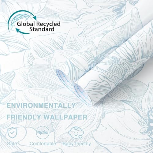 Dimoon 118"x17.3" Peel and Stick Wallpaper Blue Floral Contact Paper Boho White - Image 2
