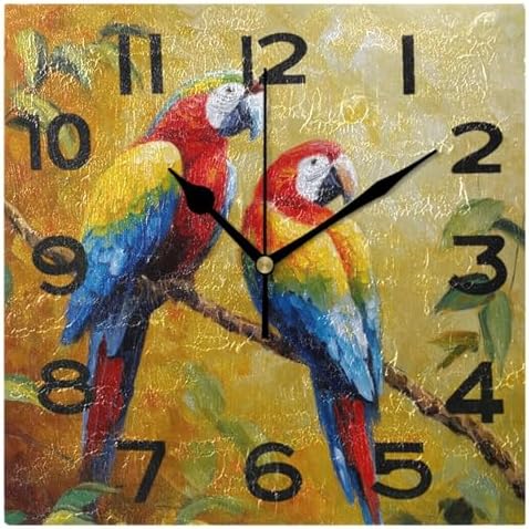 8 Inch Square Wall Clock, Retro Branch Two Parrots Painting Battery Operated by Peystean