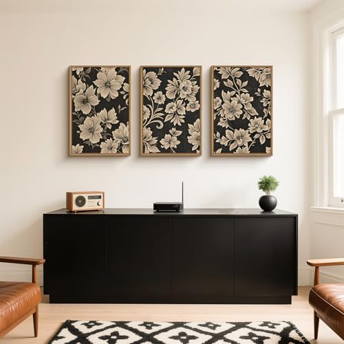 Large Vintage Floral Framed Canvas Wall Art Set, Mid Century Modern Flower Wall - Image 4