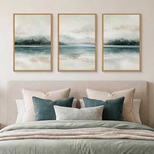 HOURIA Abstract Sage Green Beige Landscape Framed Canvas Wall Art Set, - Image 5