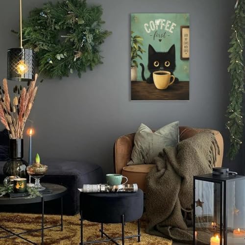 Coffee Cat Poster Black Cat Coffee Lover Vintage Canvas Wall Art - Image 2