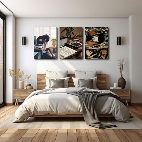 Framed Black Girl Canvas Wall Art 3Pcs black Girl Record Music Wall Decor - Image 5