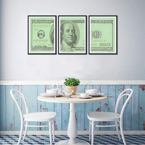 Green Canvas Wall Art Benjamin Franklin 100 Dollar Money Painting 3 Panels - Image 2