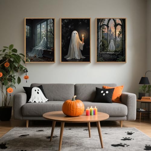 LHIUEM Large Halloween Cute Ghost Framed Canvas Wall Art Set, Vintage Spooky - Image 2