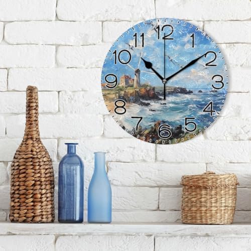 ALAZA Oil Painting Sea Gull Lighthouse Seaside Landscape Wall Clock Battery - Image 3