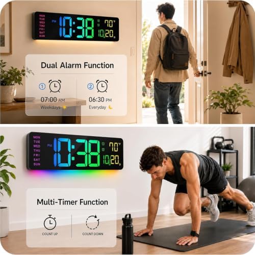 16" Large Digital Wall Clock, LED RGB Color Changing Display - Image 3