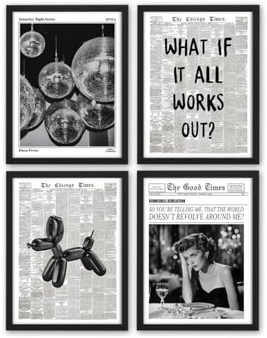 NaZaUK Black and White Framed Newspaper Posters, Y2K Wall Art Set of 4 by Unknown