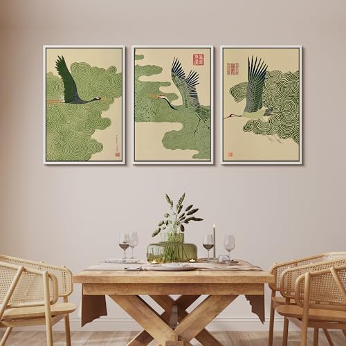 MUDECOR Framed Canvas Print Wall Art Japanese Crane and Cloud Traditional Green - Image 2