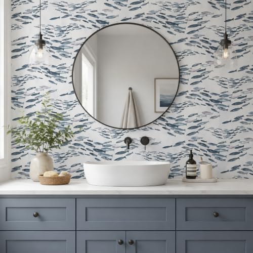 GreenTik Peel and Stick Wallpaper, Watercolor Fish Pattern Aqua Grey Removable - Image 4