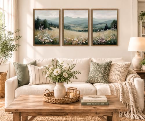Minimalist Mountain Triptych Wall Art Set of 3, Foggy Wildflower Canvas - Image 2