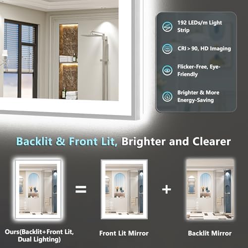 24x36 Inch Brushed Nickel LED Bathroom Mirror, Backlit & Front Lit - Image 3