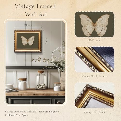 Uniro Vintage Gold Framed Wall Art, Classical Butterfly Oil Paintings, Dark - Image 2