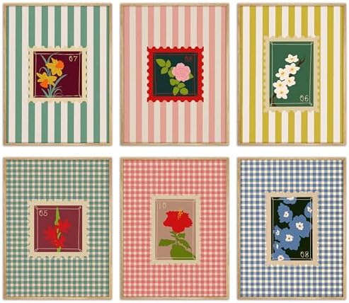 Coquette Pink Floral Posters Wall Art Set of 6, Colorful Stripes and Checks by Unknown