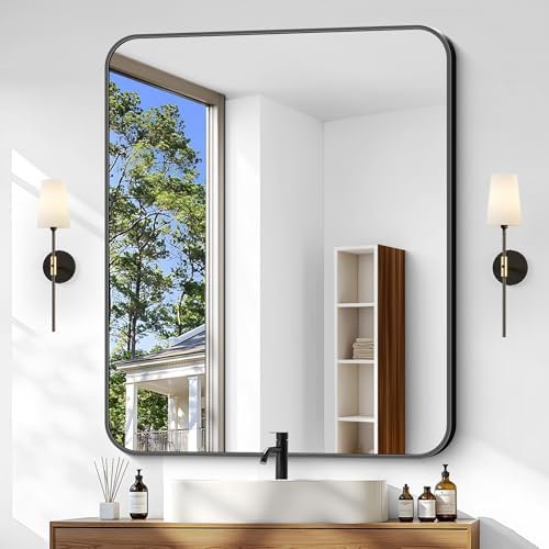 Bathroom Mirror, 36 x 30 inch Metal Framed Black Rectangle Mirror, Rounded by WelcometoCIVENO