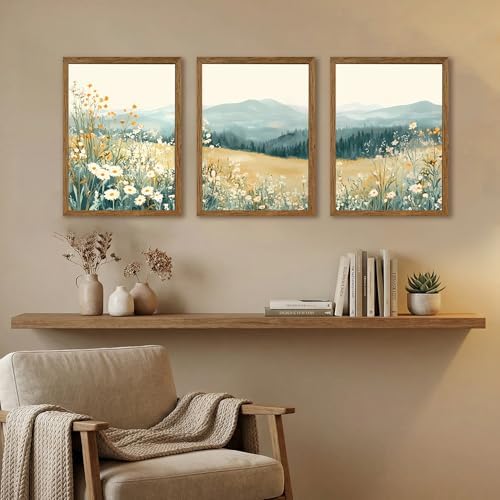 AVECCO 3 Pieces Wildflower Meadow Mountain Framed Canvas Wall Art 12x16 in - Image 5