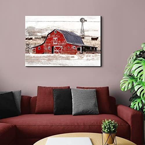 AREBOLO Red Old Barn Wall Art Country Windmill Wall Decor Rustic Farmhouse - Image 2