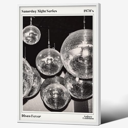 70s Disco Ball Wall Art 20x30in White Framed Vintage Black and White Newspaper by Unknown