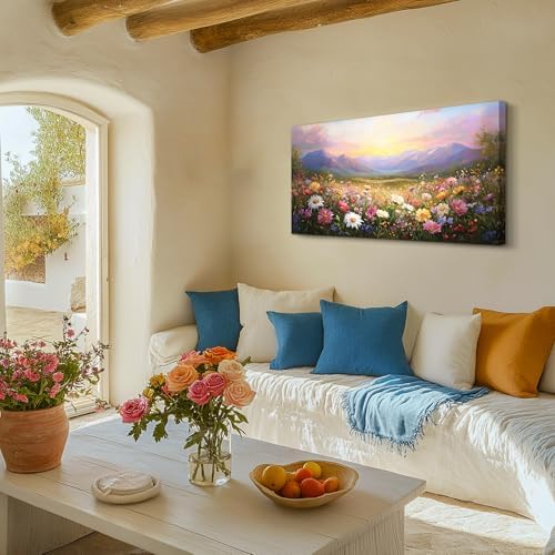 crmotu Mountain Wildflowers Wall Art, Nature Landscape Wall Decor 20"x40" - Image 2