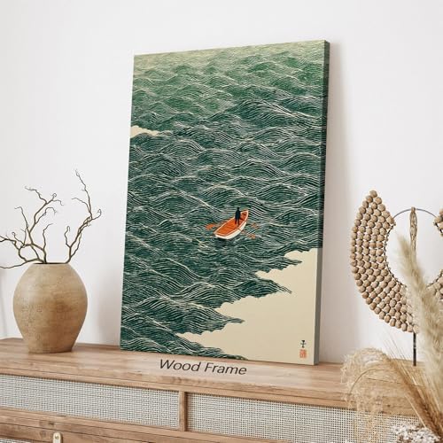 Vintage Japanese Canvas Wall Art Emerald Green Boat At Sea Posters Minimalist - Image 2