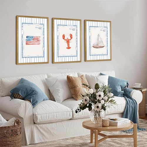 Wood Framed Blue Beach Stamp Set of 3 Canvas Poster Coastal Granddaughter Room - Image 2