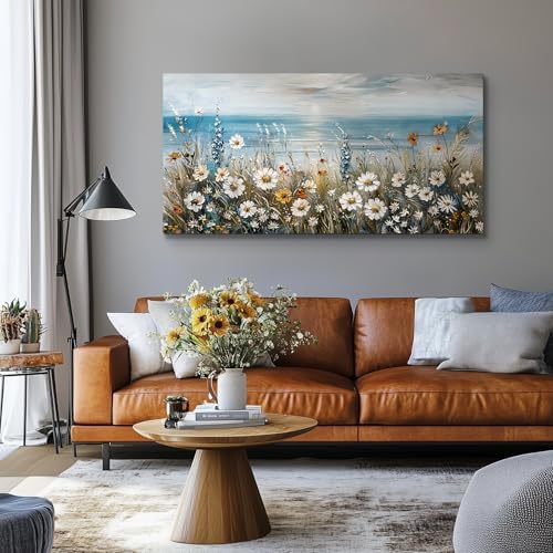 SERIMINO Coastal Landscape Wall Art, Daisy Wildflower Wall Pictures 20"X40" - Image 2