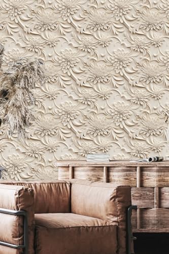 Peel and Stick Wallpaper Light Brown Scroll Floral Feature - Image 3