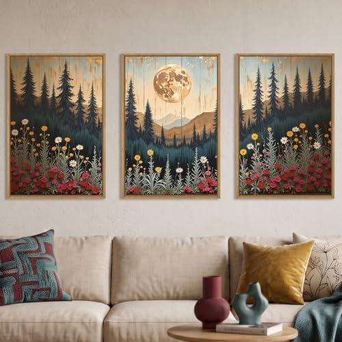 Vintage Moon Forest Framed Canvas Wall Art Set -16''x24''x3 by Ausril