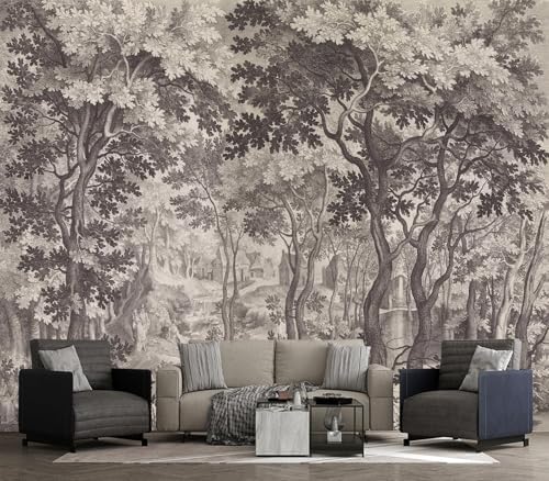 Vintage Monochrome Forest River Landscape Peel and Stick Wallpaper by Unknown