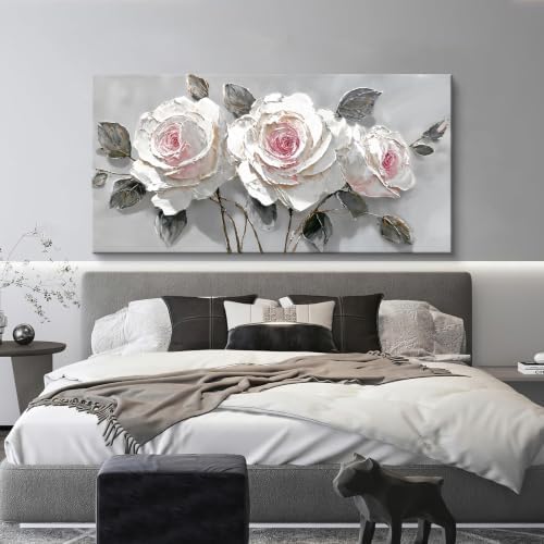 Large White Pink Rose Canvas Wall Art Decor - Image 5