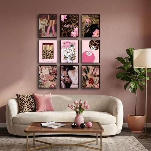 ZBMYYGO 9Pcs Pink Trendy Girls Retro Leopard Canvas Wall Art, Preppy Cheetah - Image 2