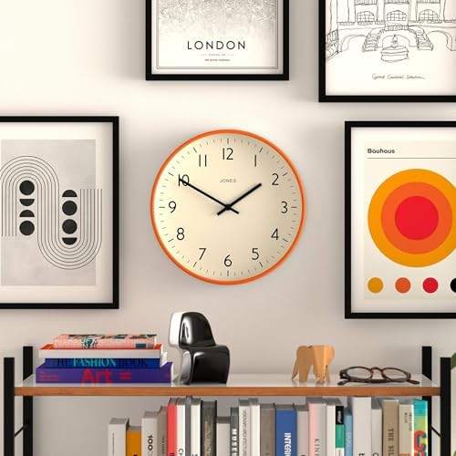 JONES CLOCKS® Studio Clock | Modern Round wall Clock | 12" | Orange - Image 2