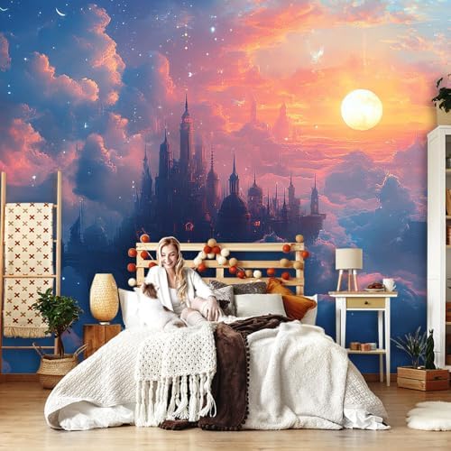 Pink Blue Wallpaper Mural Castle in Clouds Sun Stars Fantasy Dramatic Style - Image 3