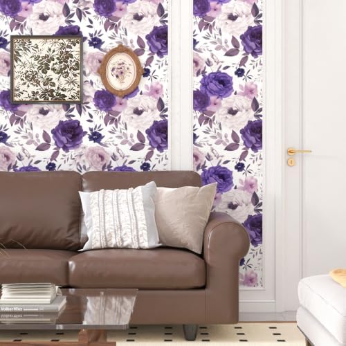 BOKEBEVE Super Long White Purple Floral Peel Stick Wallpaper 17.5 x 787In - Image 4