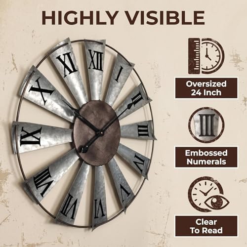 Mrocioa Windmill Distressed Metal Wall Clocks Rustic Large Decorative Clock - Image 5