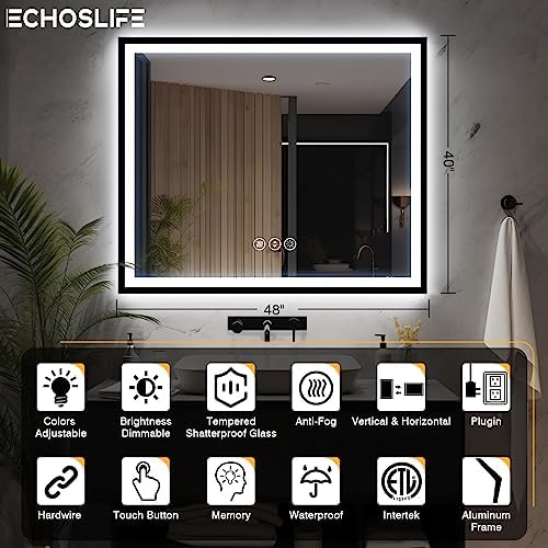 EchosLife 48x40 LED Lighted Bathroom Mirror - Image 2