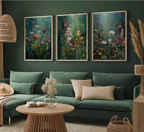 3Pcs Dark Green Floral Canvas Wall Art Moody Wildflowers Poster Prints Vintage - Image 4