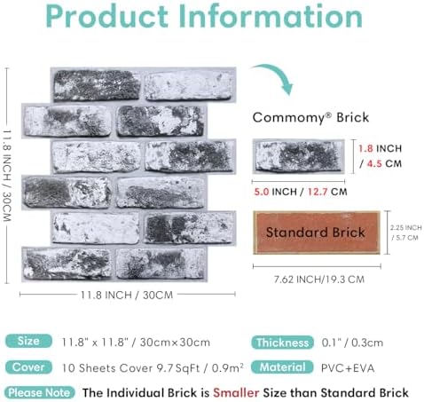 Commomy Faux Brick Panels Peel and Stick Wall Stickers 10 Pcs 11.8" x 11.8" - Image 4