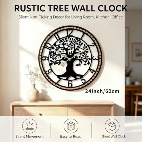Large Wall Clock for Living Room Decor 24 Inch Tree of Life Metal Wall Art - Image 2