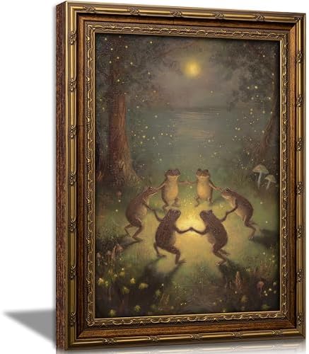 Vintage Gold Framed Frog Wall Art, Frogs Dancing in Moonlight Forest Painting by VintageGoldFramedwallart