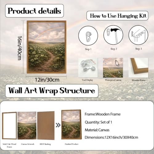 Framed Vintage Landscape Canvas Wall Art, Rustic Wildflower Field Rainbow - Image 5