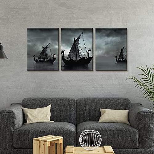 Pacimo Black and White Painting Wall Decor Vikings Ship Artwork Fantasy Sailing - Image 2
