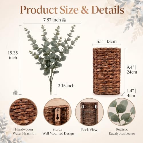 2 Pack Woven Wall Vases with Artificial Eucalyptus, Hanging Wall Planters - Image 2