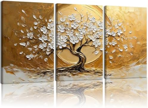 RZIGERNO 3 Pcs Tree of Life Canvas Wall Art Gold White Floral Poster Printing by Unknown