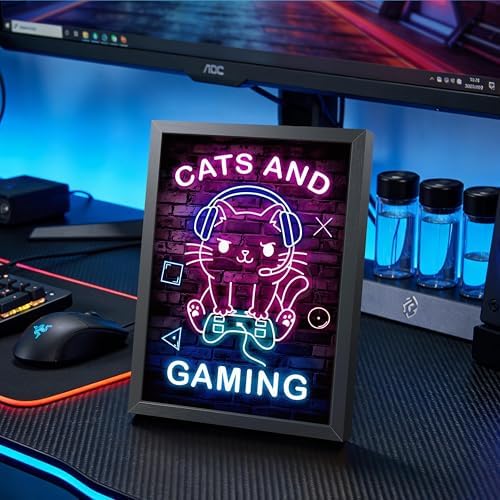 Funny Cat Gaming Wall Art, Neon Gamer Canvas Print Framed, Cute Cartoon Cat - Image 3
