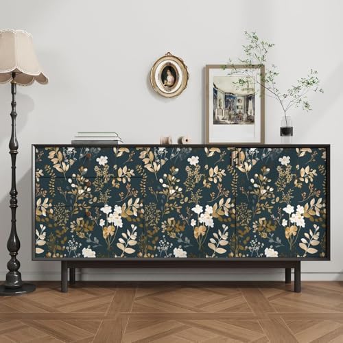 Laatse Vintage Dark Navy Gold Floral Peel and Stick Wallpaper 17.5"x393" - Image 3